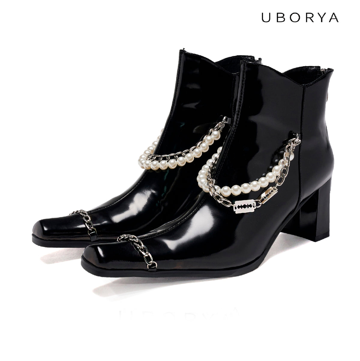 UBORYA Black Patent Leather Ankle Boots Pearl Chain Square Toe Block Heel