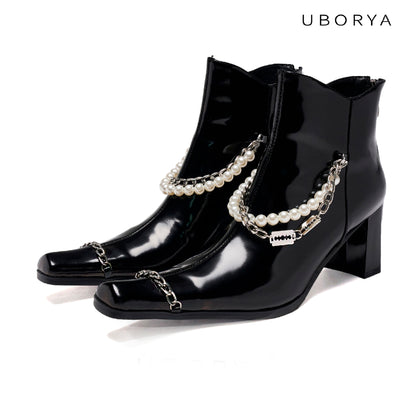 UBORYA Black Patent Leather Ankle Boots - Pearl Chain Detail Square Toe Block Heel Booties