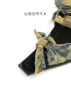 UBORYA Deconstructed Denim Wrap Boots Black Suede Patchwork Woven 6cm Block Heel