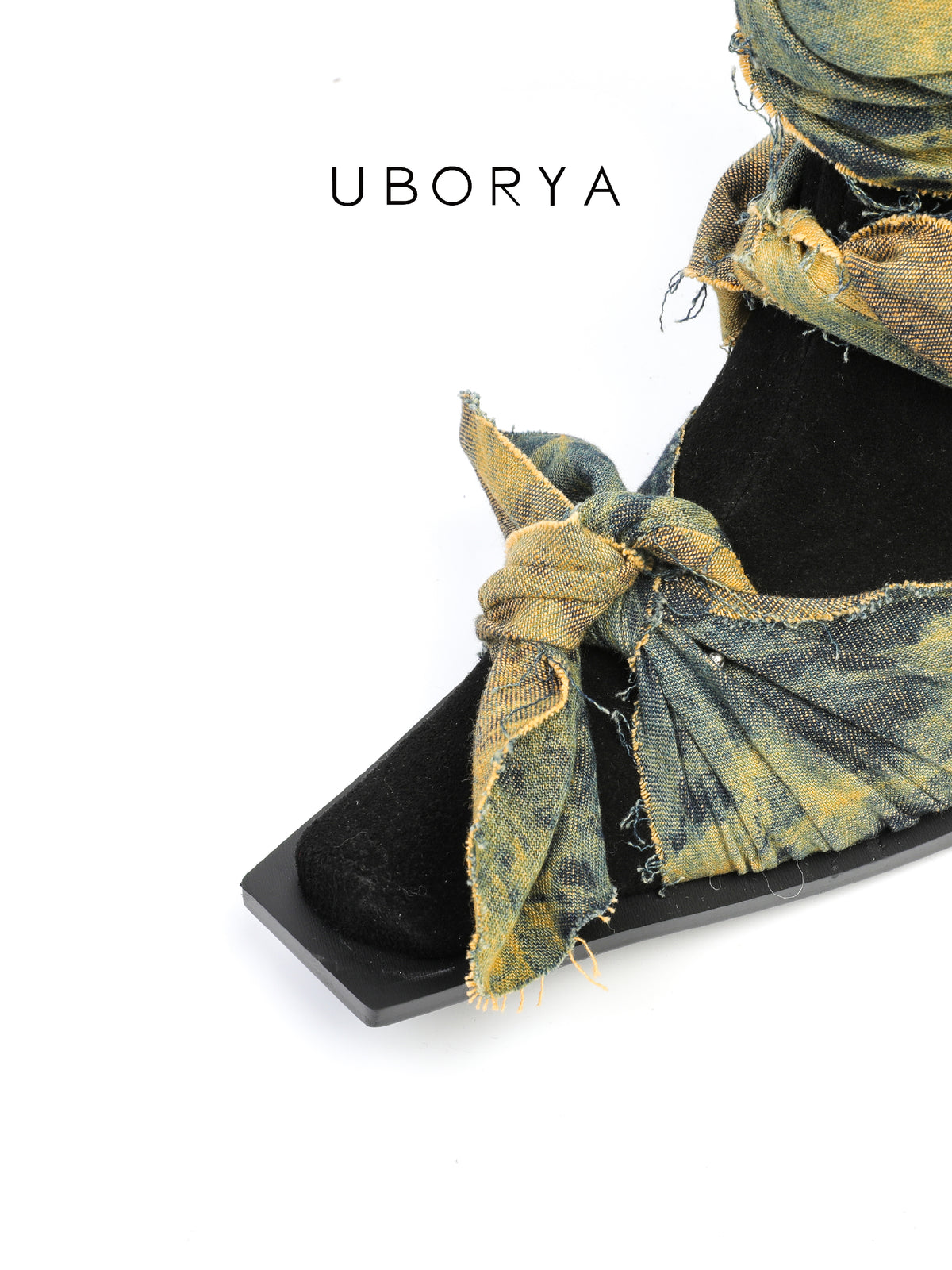 UBORYA Deconstructed Denim Wrap Boots Black Suede Patchwork Woven 6cm Block Heel