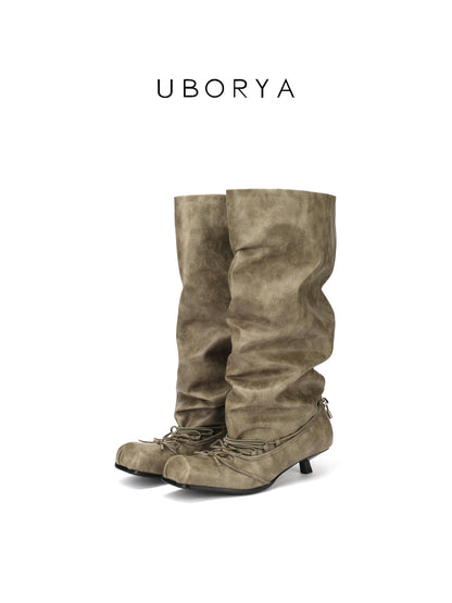 UBORYA Khaki Suede Slouchy Knee-High Boots with Bows – Square Toe Kitten Heel Boots for Women | Ruched Shaft | Side Zipper | Earthy Avant-Garde Booties