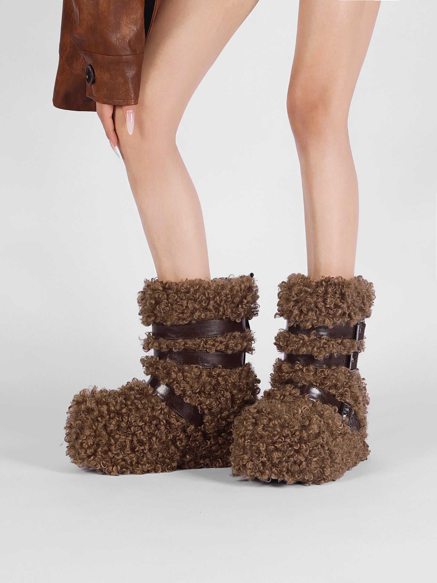 UBORYA Brown Curly Teddy Fur Platform Boots - Buckle Strap Fuzzy Ankle Booties
