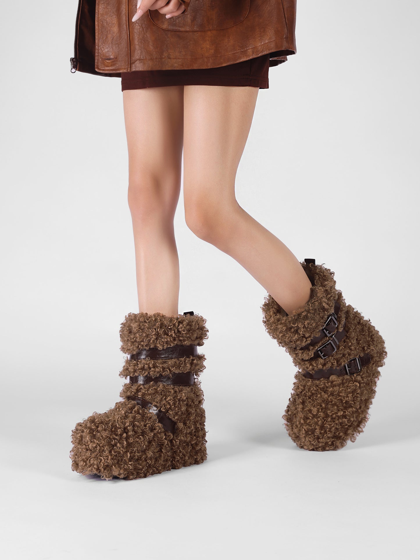 UBORYA Brown Curly Teddy Fur Platform Boots - Buckle Strap Fuzzy Ankle Booties