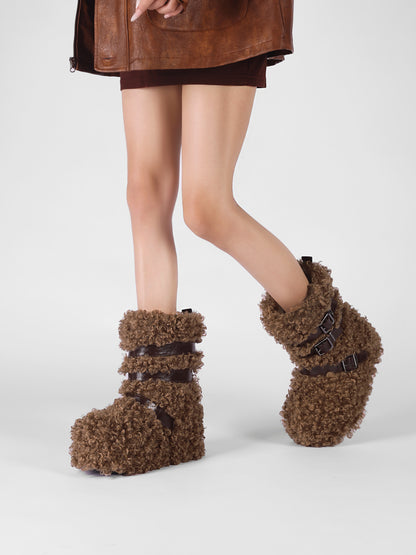 UBORYA Brown Curly Teddy Fur Platform Boots - Buckle Strap Fuzzy Ankle Booties