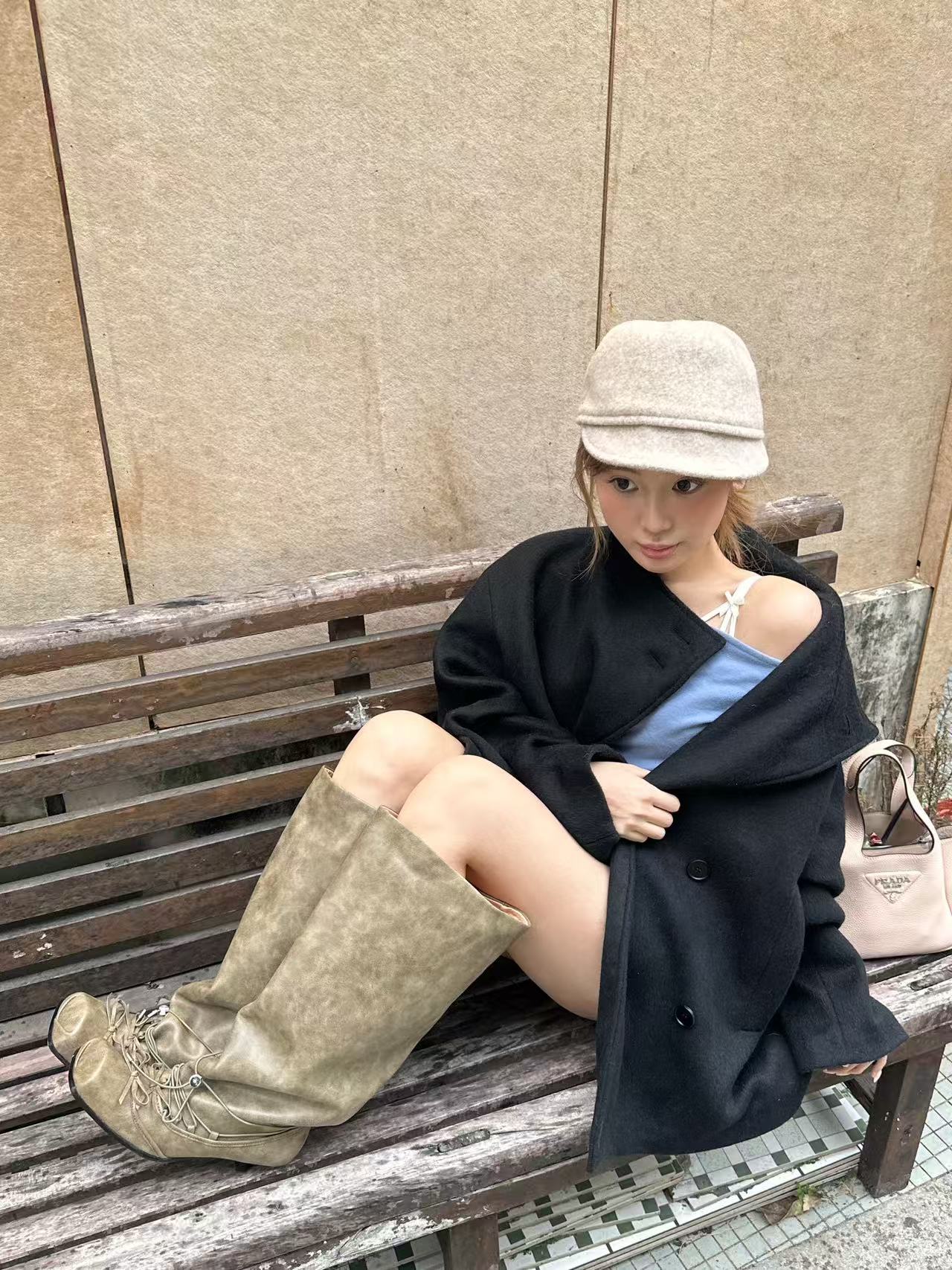 UBORYA Khaki Suede Slouchy Knee-High Boots with Bows – Square Toe Kitten Heel Boots for Women | Ruched Shaft | Side Zipper | Earthy Avant-Garde Booties