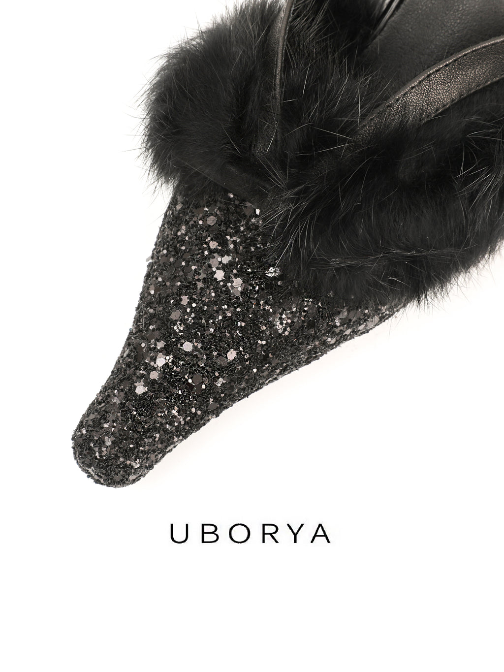 UBORYA Black Glitter Fur Trim Leather Mules Pointed Toe Sculptural Heel Shoes