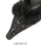 UBORYA Black Glitter Fur Trim Leather Mules Pointed Toe Sculptural Heel Shoes