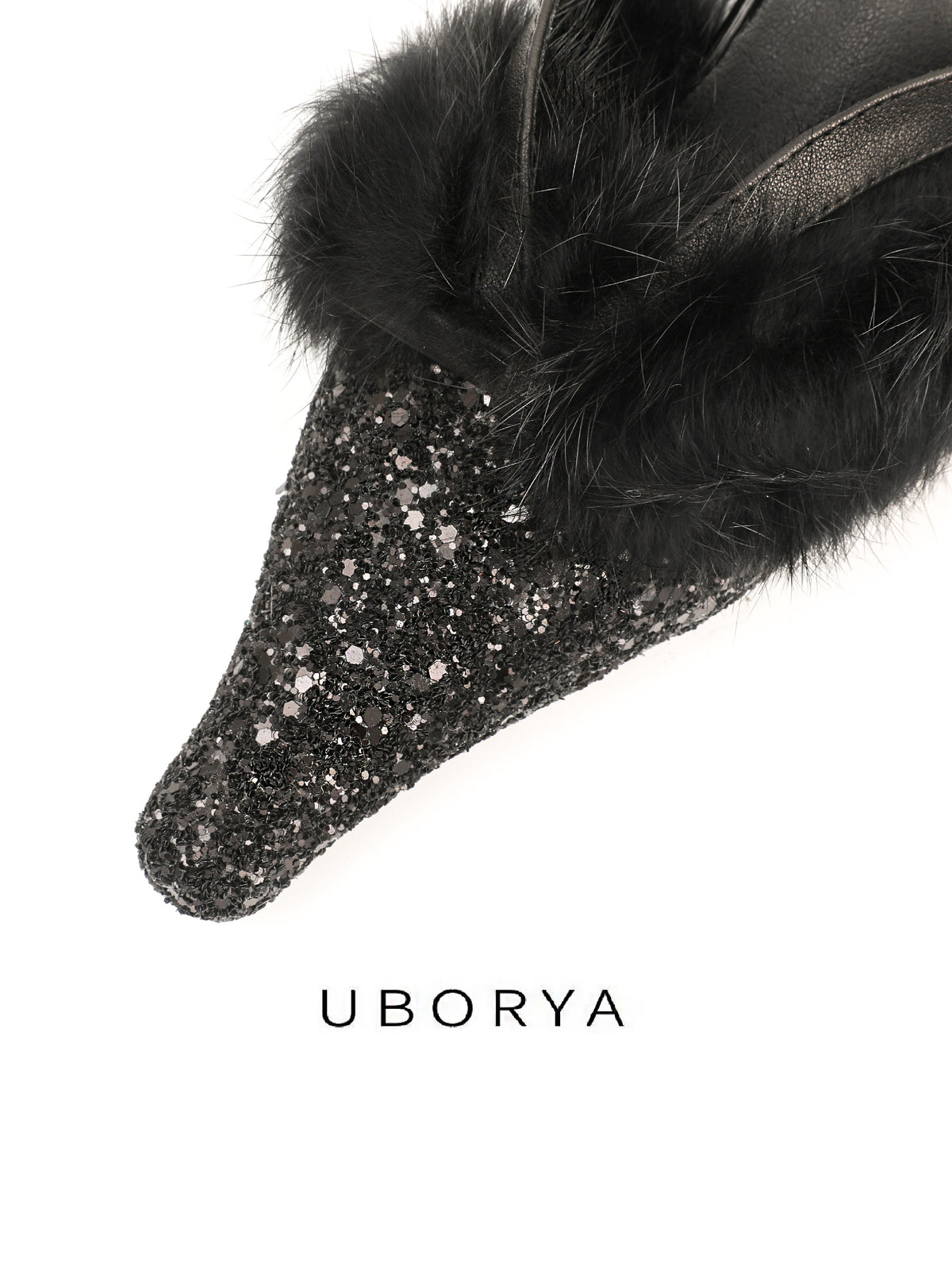 UBORYA Black Glitter Fur Trim Leather Mules Pointed Toe Sculptural Heel Shoes