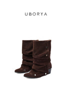 UBORYA Brown Suede Slouch Boots Metal Grommets 6cm Wedge Heel Y2K Boho Boots
