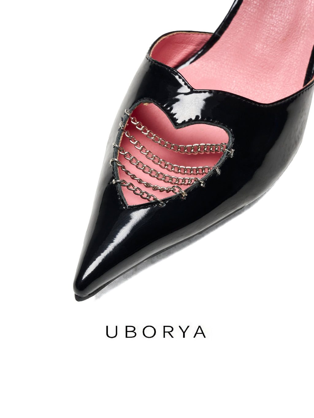 UBORYA Black Patent Leather Heart Cut Out Kitten Heels Pointed Toe Pumps