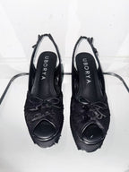 UBORYA Black Lace Slingback Peep-Toe Wedge Sandals with Bow Details