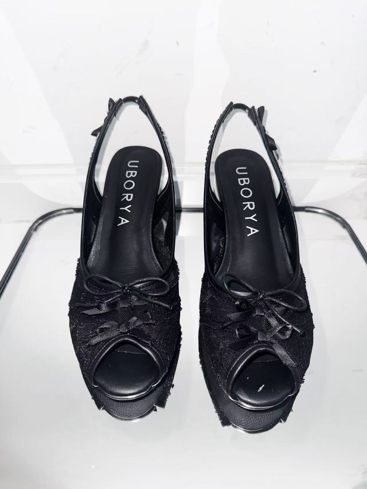 UBORYA Black Lace Slingback Peep-Toe Shoes with Bow Details – Low Wedge Heel Pumps for Women | Gothic Coquette Heels | Elegant Mesh Open-Toe Sandals