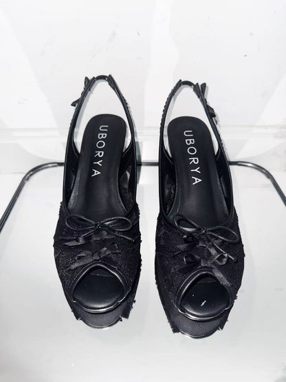 UBORYA Black Lace Slingback Peep-Toe Shoes with Bow Details – Low Wedge Heel Pumps for Women | Gothic Coquette Heels | Elegant Mesh Open-Toe Sandals