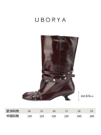 UBORYA Burgundy Crinkled Leather Mid-Calf Boots with Multi-Strap Hardware – Kitten Heel Boots for Women | Square Toe | Equestrian Punk Booties
