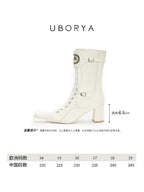 UBORYA Off White Lace Up Ankle Boots Square Toe Block Heel Retro Buckle Detail