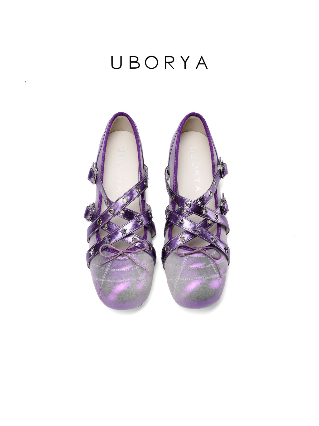 UBORYA Metallic Purple Gradient Crisscross Round Toe Ballet Flats Star Stud Detail