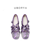 UBORYA Metallic Purple Gradient Crisscross Round Toe Ballet Flats Star Stud Detail