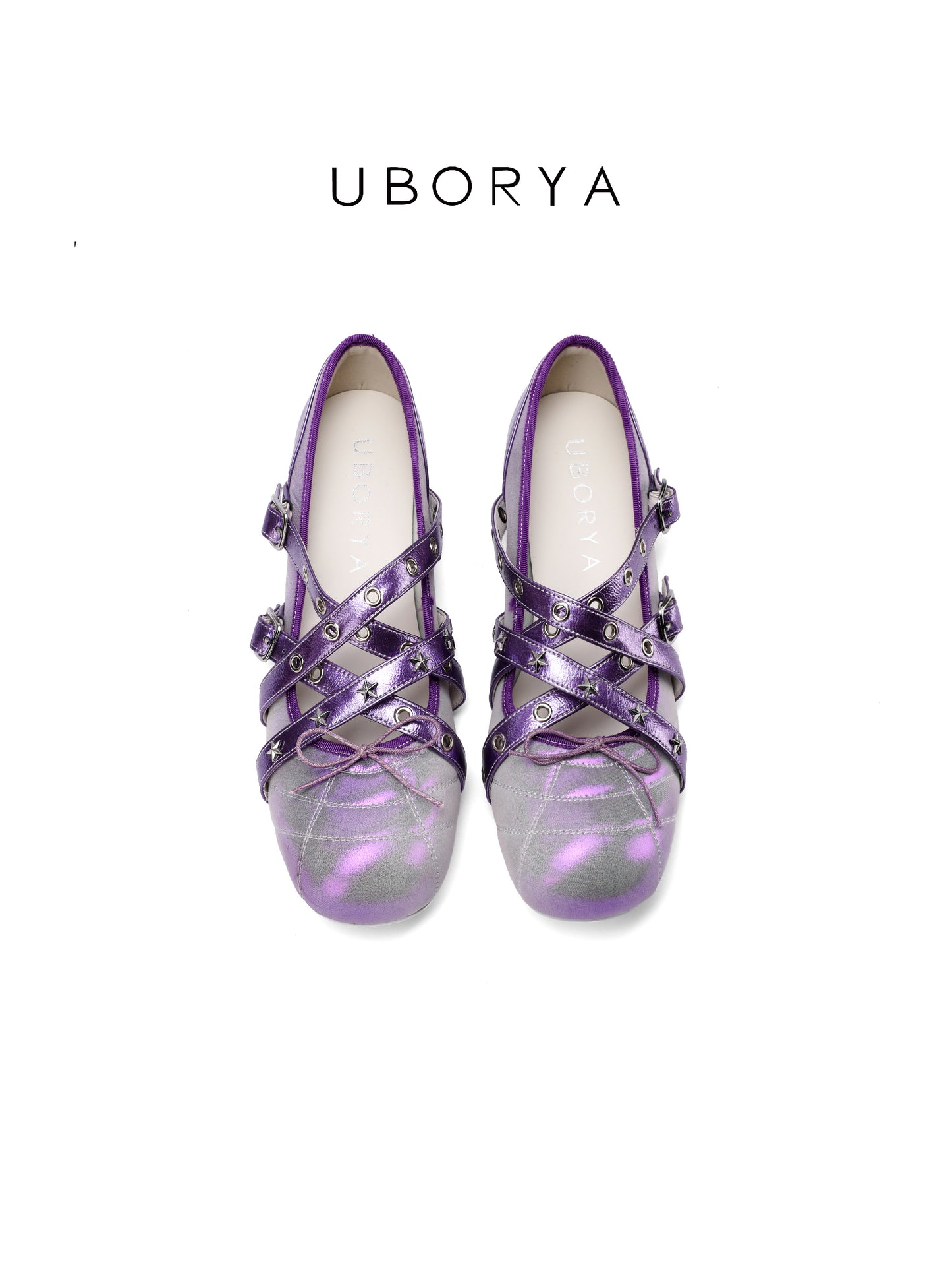 UBORYA Metallic Purple Gradient Crisscross Ballet Flats - Star Stud Detail Round Toe Flat Shoes