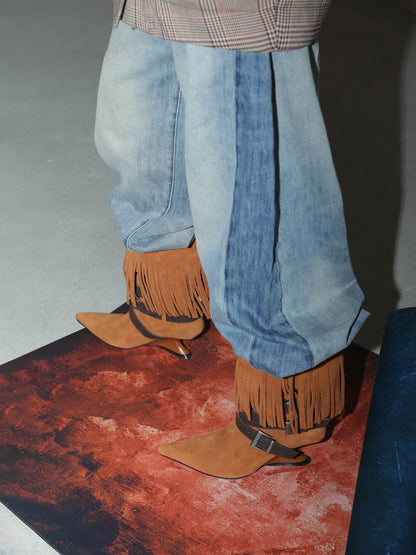 UBORYA Tan Suede Fringe Mid-Calf Boots with Buckle Straps – Sculptural Wedge Heel Boots for Women | Pointed Toe | Western Boho Booties