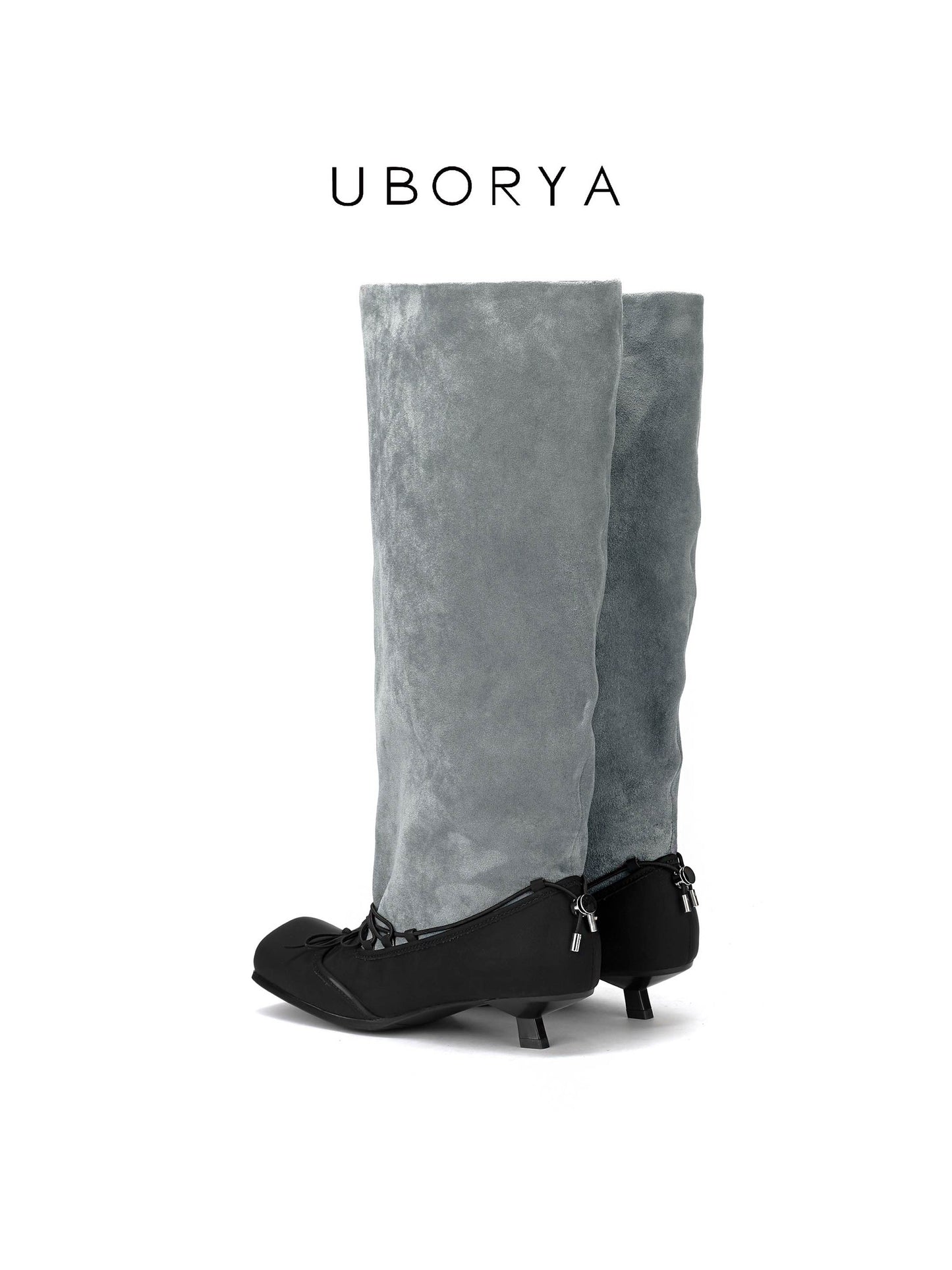 UBORYA Grey Suede Slouchy Knee-High Boots with Bows – Black Ballet Toe Cap Kitten Heel Boots for Women | Ruched Shaft | Side Zipper | Avant-Garde Booties