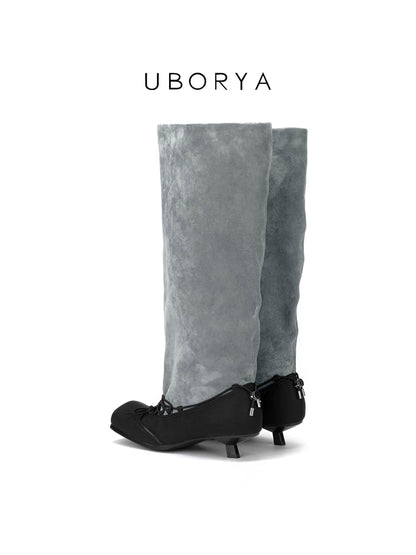 UBORYA Grey Suede Slouchy Knee-High Boots with Bows – Black Ballet Toe Cap Kitten Heel Boots for Women | Ruched Shaft | Side Zipper | Avant-Garde Booties