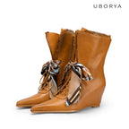 UBORYA Tan Leather Lace Up Wedge Boots Scarf Bow Pointed Toe Mid Calf Boots