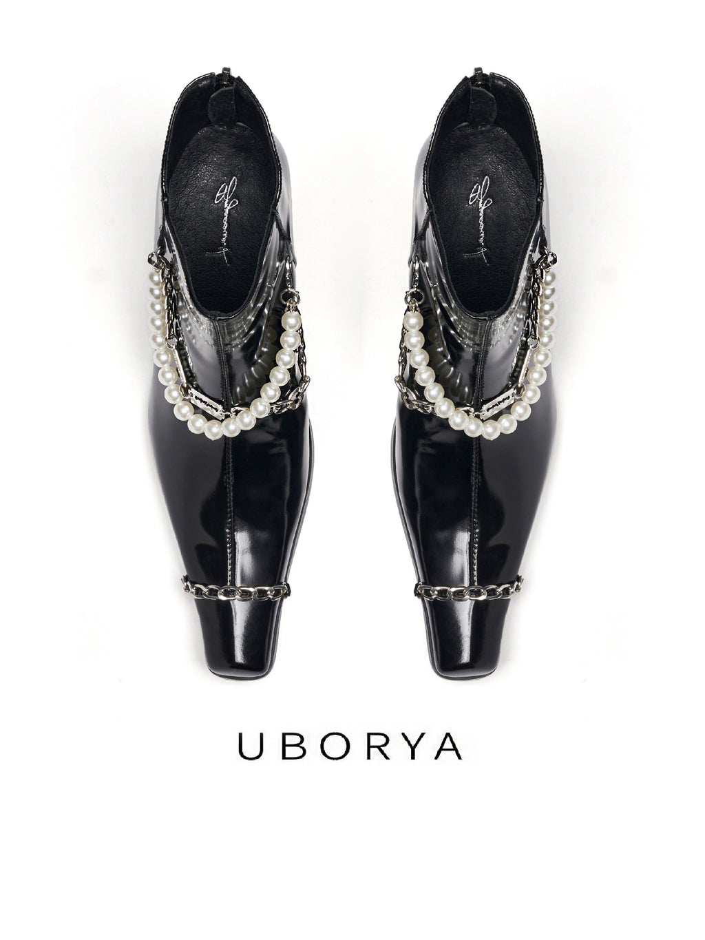 UBORYA Black Patent Leather Ankle Boots Pearl Chain Square Toe Block Heel