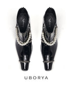 UBORYA Black Patent Leather Ankle Boots Pearl Chain Square Toe Block Heel