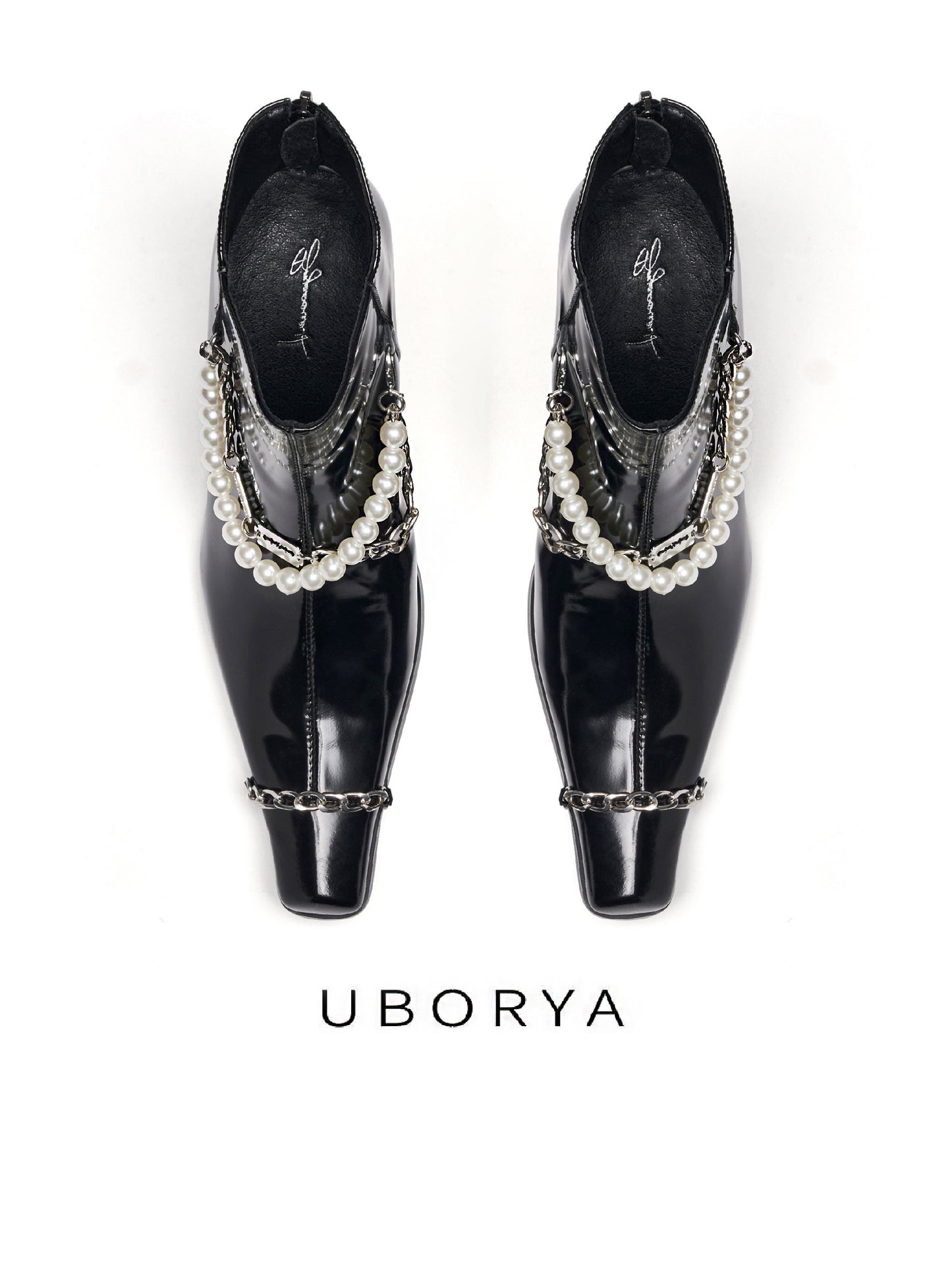 UBORYA Black Patent Leather Ankle Boots - Pearl Chain Detail Square Toe Block Heel Booties