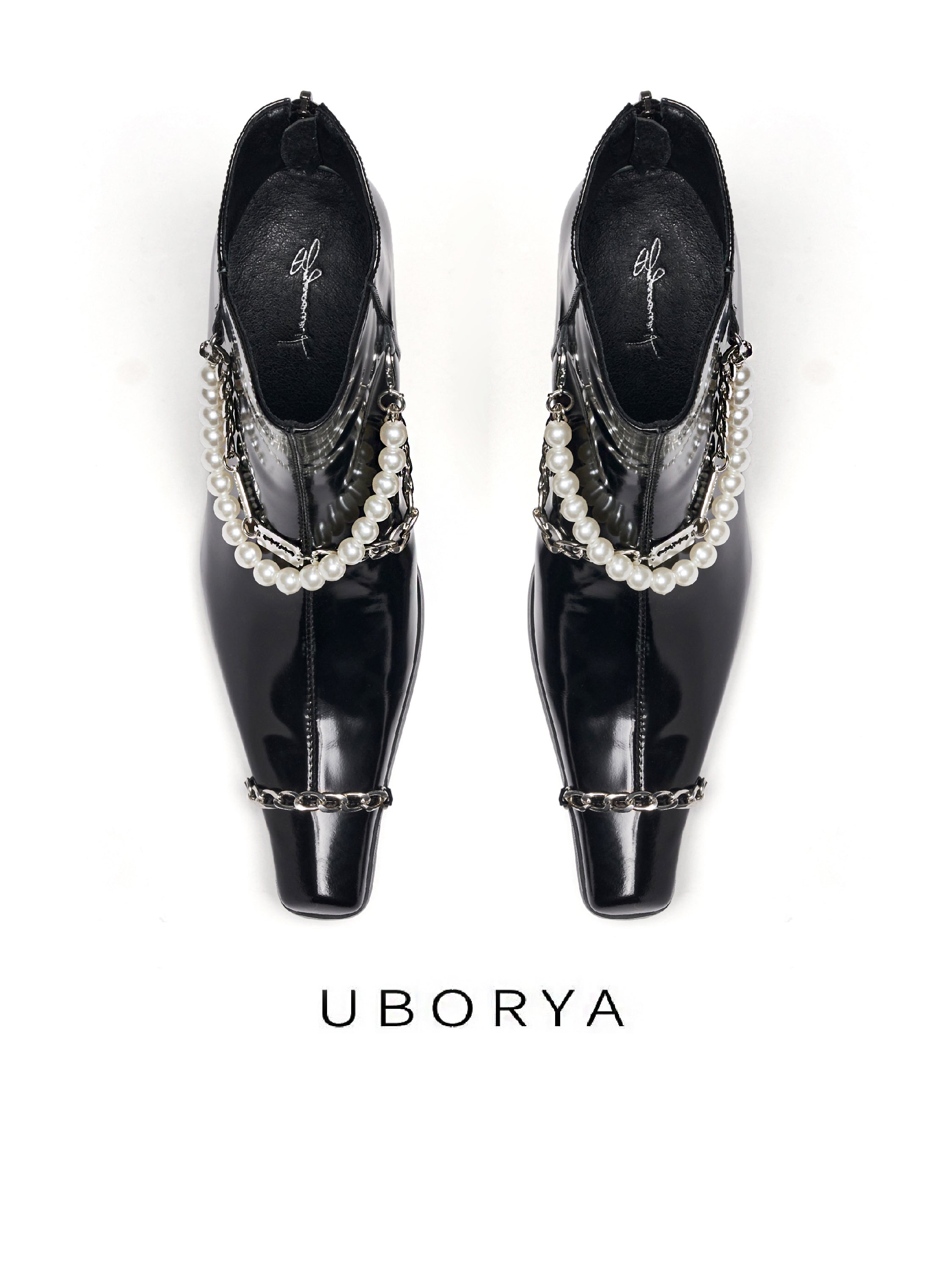 UBORYA Black Patent Leather Ankle Boots Pearl Chain Square Toe Block Heel