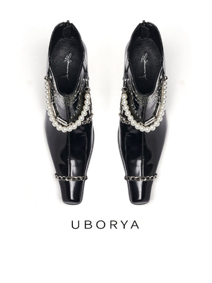 UBORYA Black Patent Leather Ankle Boots - Pearl Chain Detail Square Toe Block Heel Booties