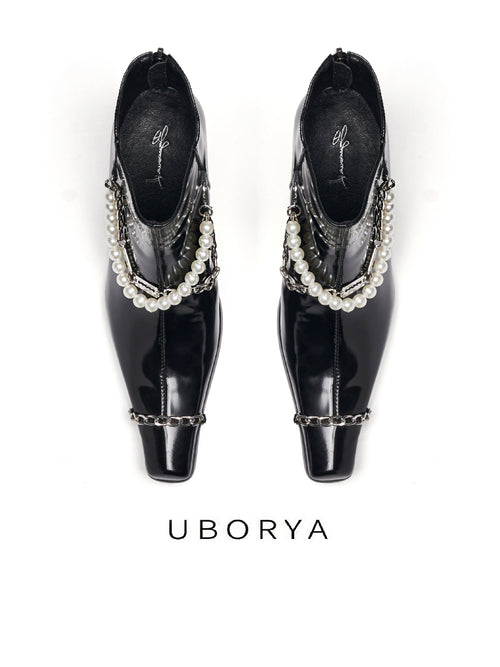 UBORYA Black Patent Leather Ankle Boots Pearl Chain Square Toe Block Heel