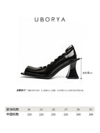 UBORYA Black Patent Leather Scallop Edge Architectural Heel Pumps