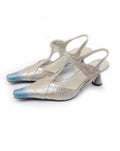 UBORYA Silver Floral Leather T Strap Slingbacks Blue Ombre Sculptural Kitten Heel