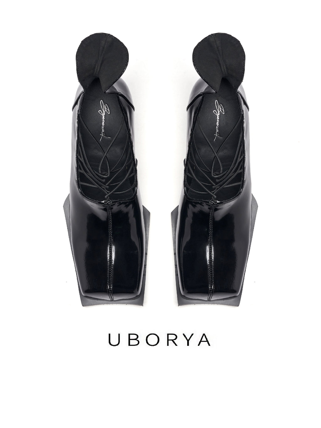 UBORYA Black Patent Leather Lace Up Pumps Angular Square Toe Block Heel Shoes