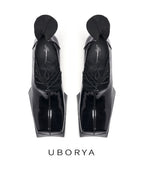 UBORYA Black Patent Leather Lace Up Pumps Angular Square Toe Block Heel Shoes