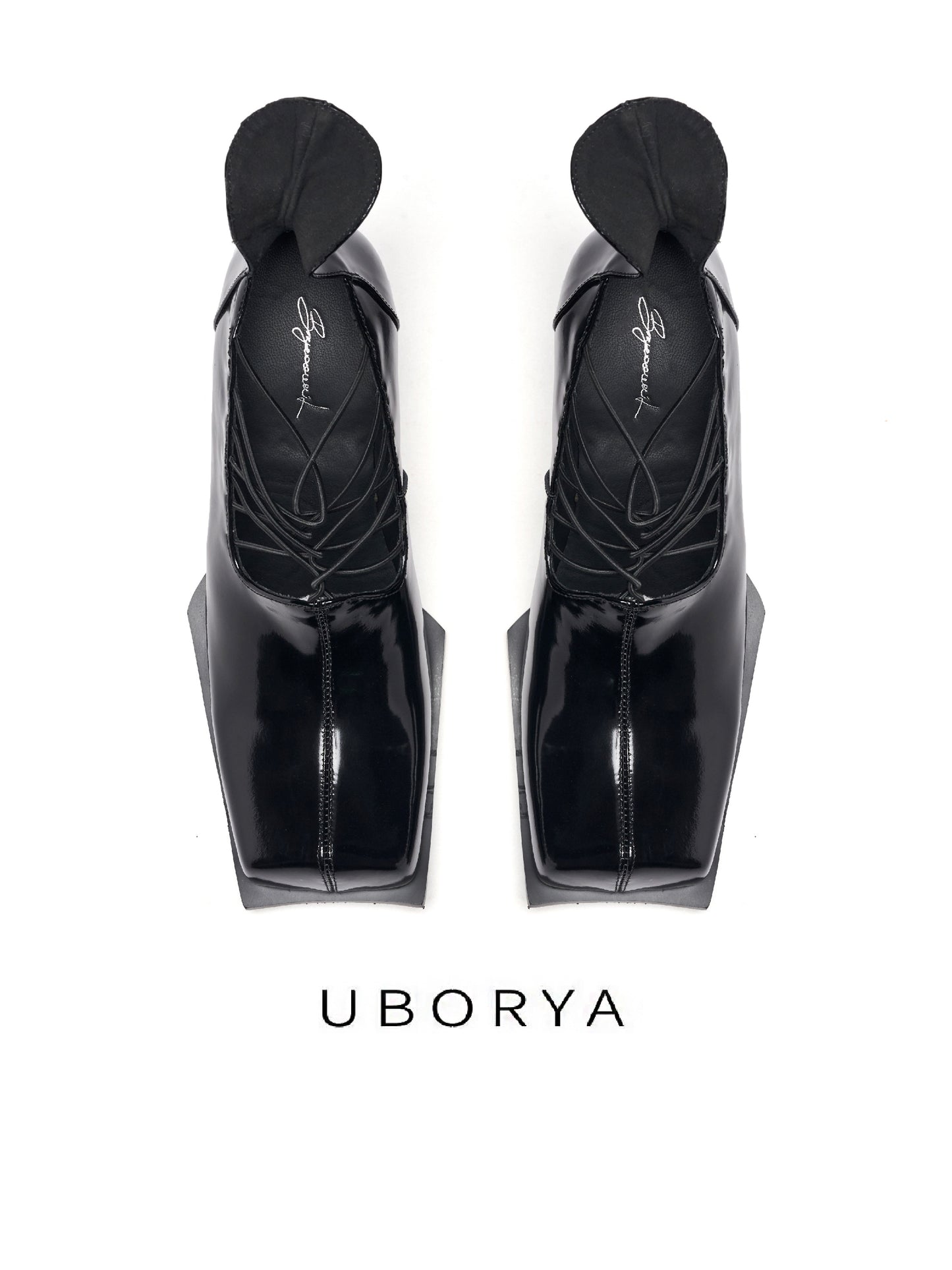 UBORYA Black Patent Leather Avant-Garde Lace-Up Pumps - Angular Square Toe Block Heel Sculptural Shoes