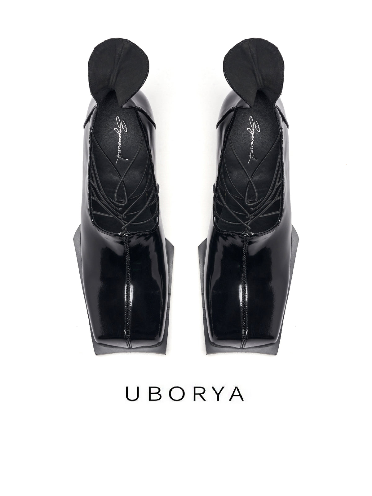 UBORYA Black Patent Leather Lace Up Pumps Angular Square Toe Block Heel Shoes