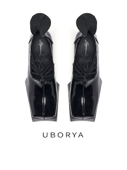 UBORYA Black Patent Leather Avant-Garde Lace-Up Pumps - Angular Square Toe Block Heel Sculptural Shoes