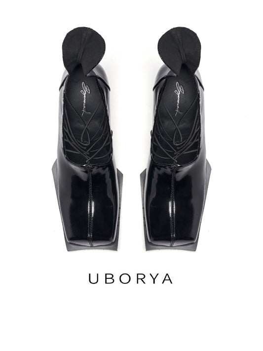 UBORYA Black Patent Leather Avant-Garde Lace-Up Pumps - Angular Square Toe Block Heel Sculptural Shoes