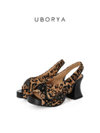 UBORYA Leopard Peep‑Toe Platform Slingback Heels with Star Studs