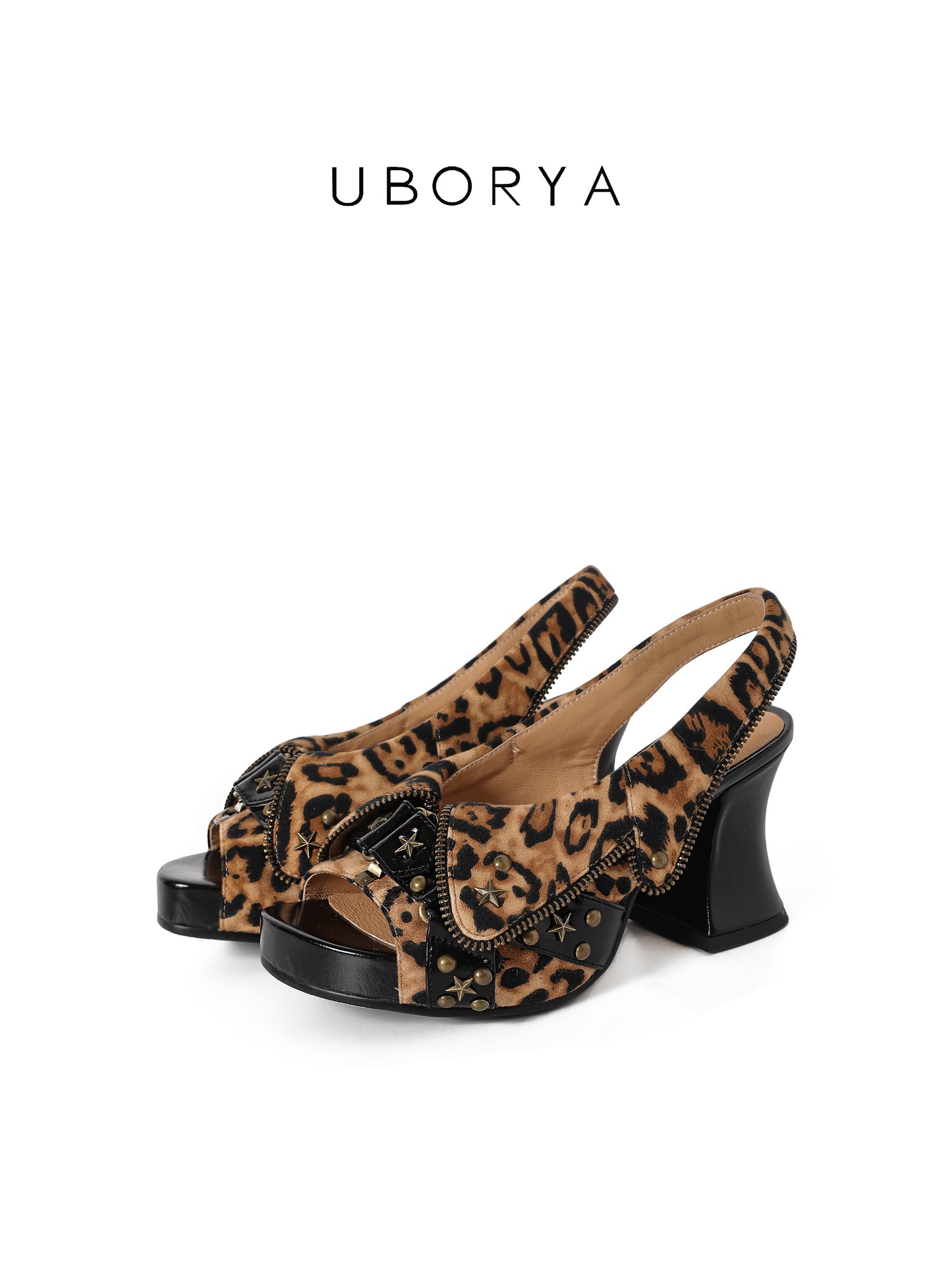 UBORYA Leopard Print Platform Slingback Heels - Peep Toe Star Stud Zipper Detail Sculptural Heel Sandals