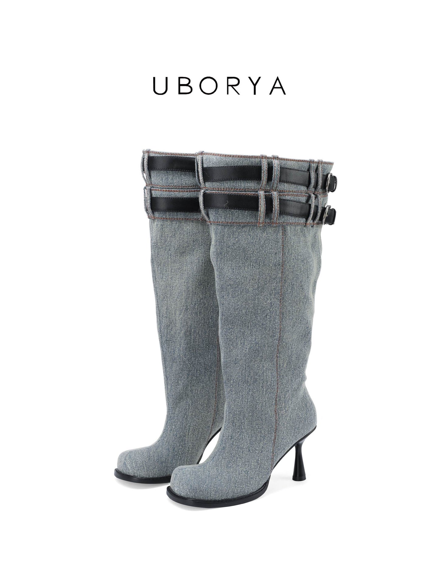UBORYA Denim Slouchy Knee-High Boots with Black Buckle Straps – Sculptural Kitten Heel Boots for Women | Distressed Jean Booties | Avant-Garde Denim Punk Footwear