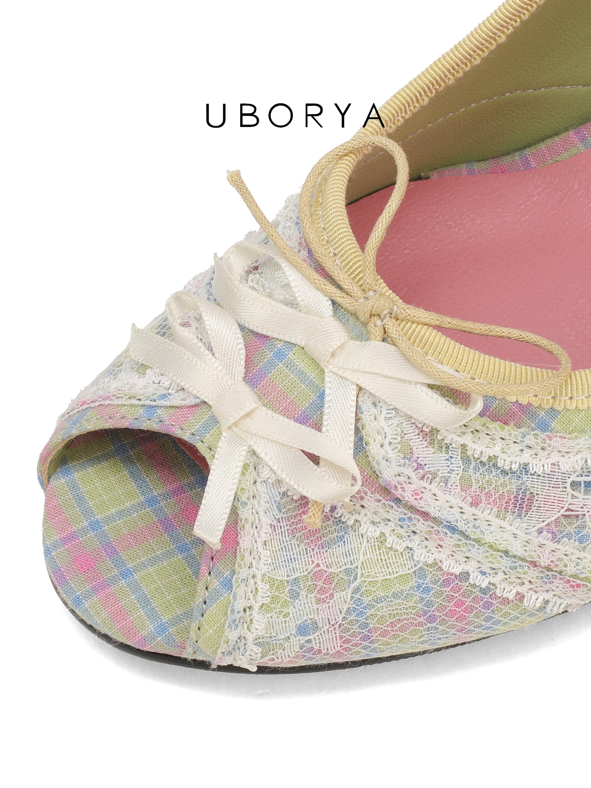 UBORYA Pastel Plaid Lace Slingback Wedge Sandals with Bow Details