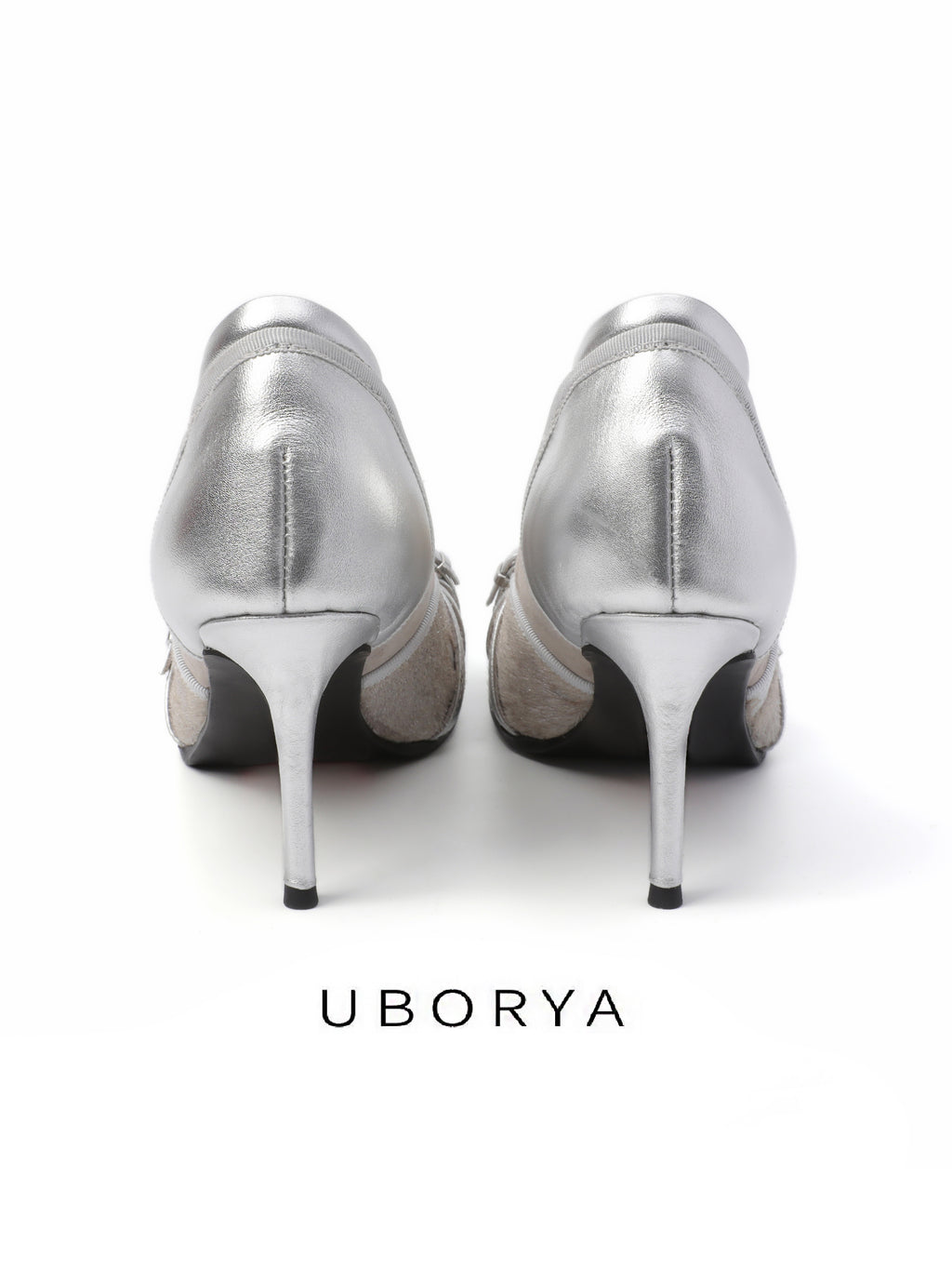 UBORYA Silver Mixed‑Media Futuristic Strappy Heels 8cm Stiletto