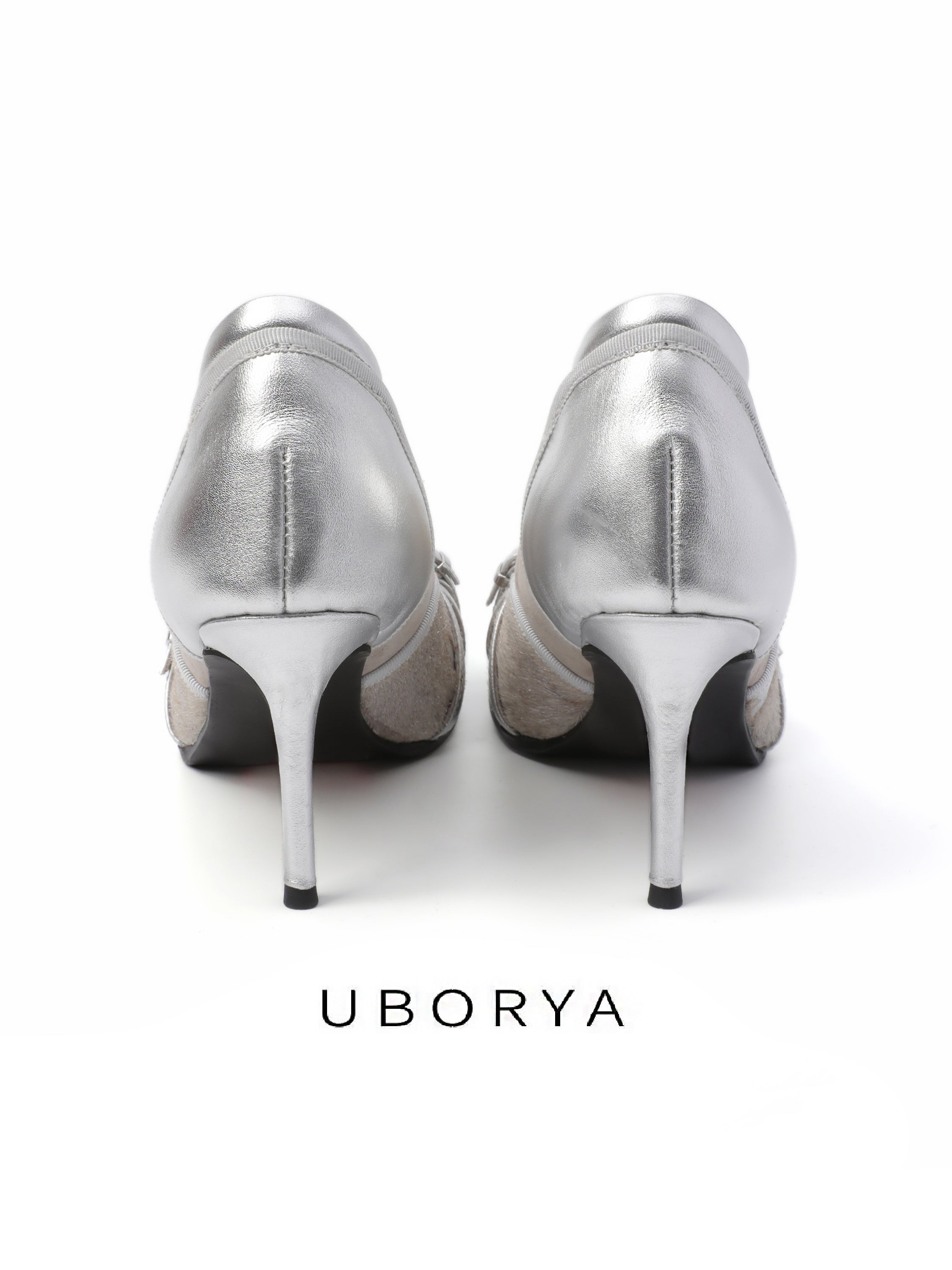 UBORYA Silver Mixed‑Media Futuristic Strappy Heels 8cm Stiletto