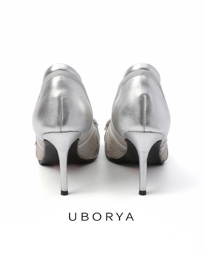 UBORYA Silver Mixed-Media Strappy Heels – Futuristic Balletcore Pumps for Women | 8cm / 3.1in Stiletto | Metallic Leather & Suede | Edgy Chic Evening Shoes