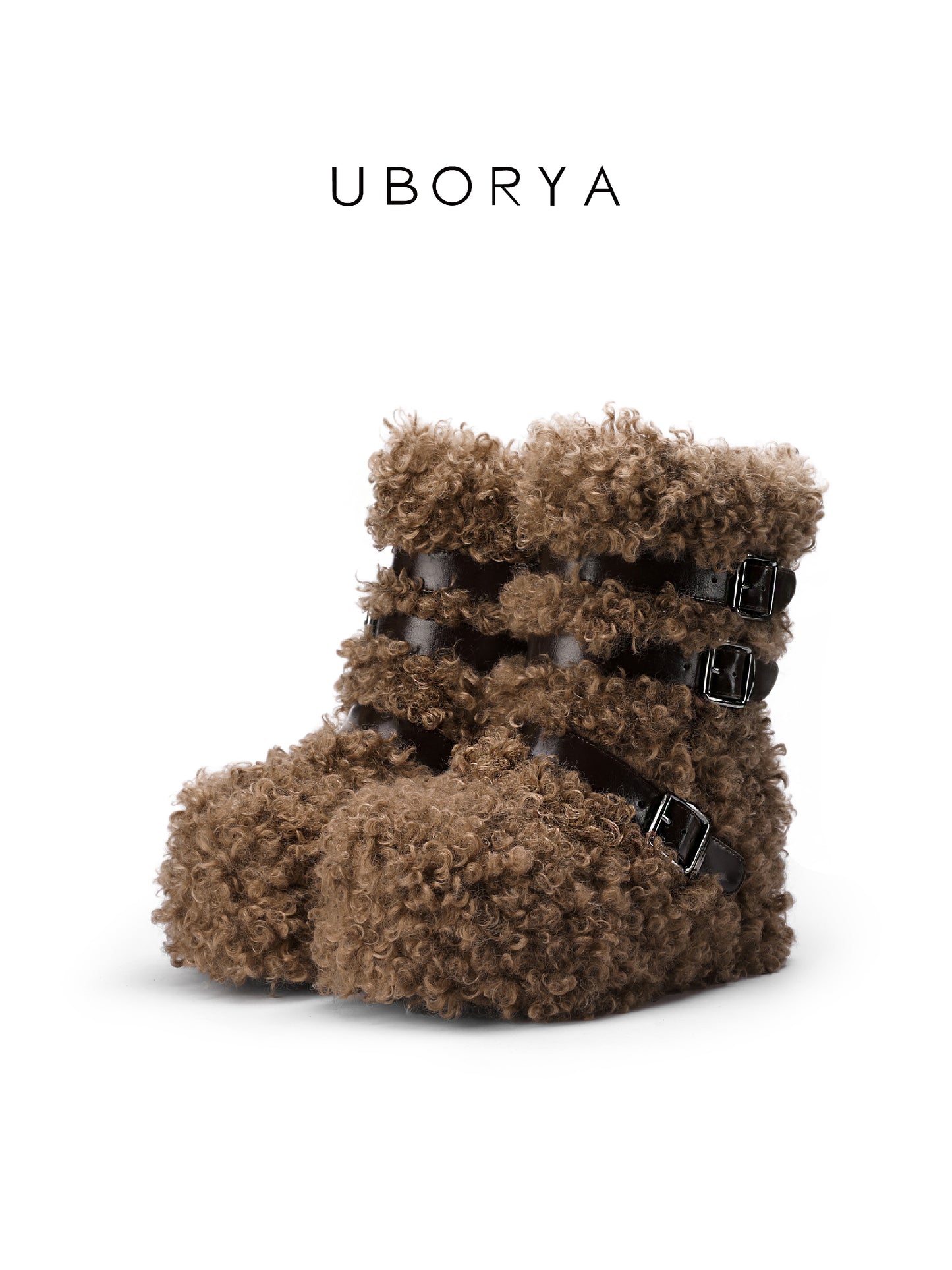 UBORYA Brown Curly Teddy Fur Platform Boots - Buckle Strap Fuzzy Ankle Booties