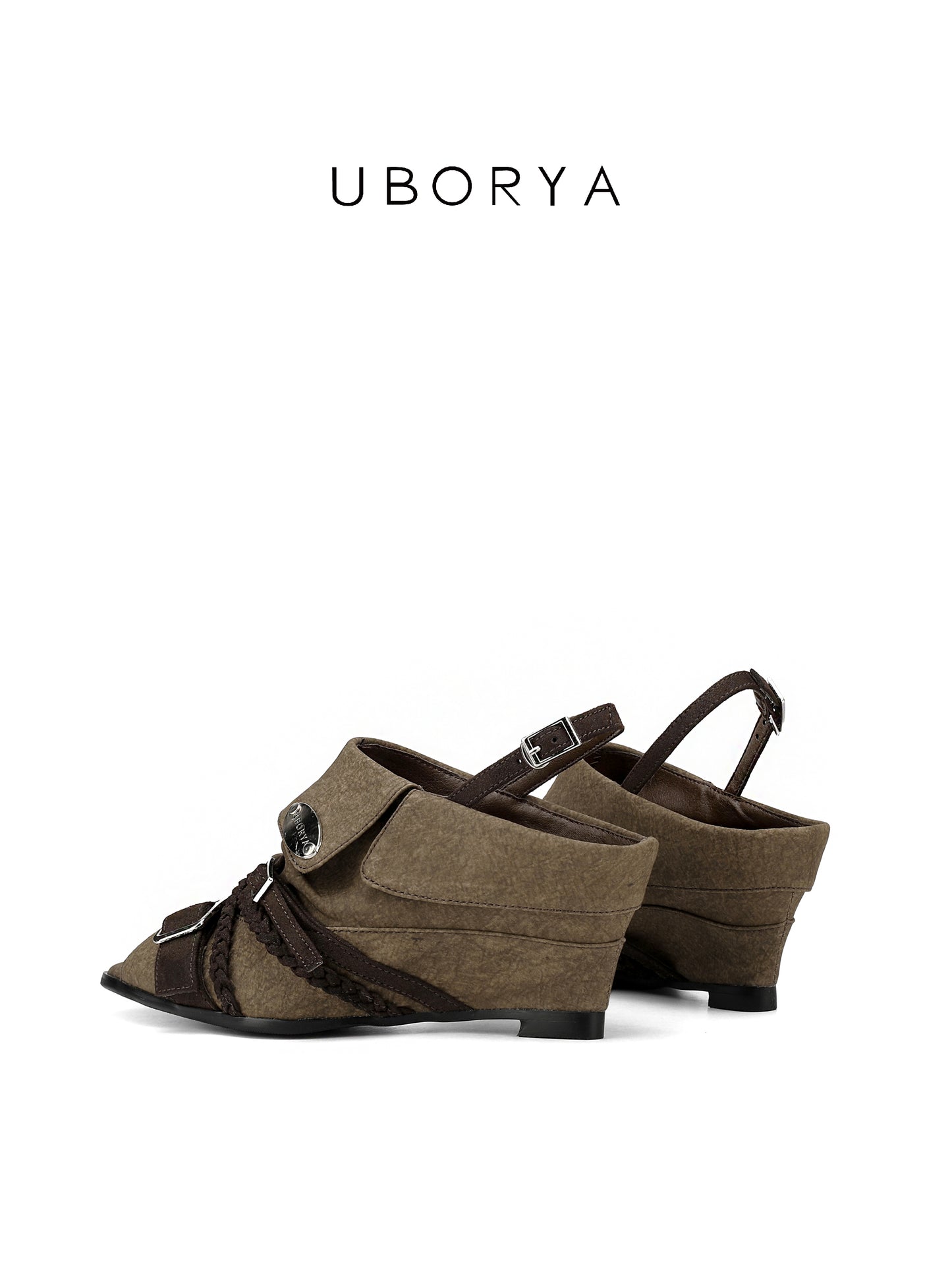 UBORYA Olive Khaki Slingback Peep-Toe Shoes with Braided Straps & Silver Buckles – Low Wedge Heel Pumps for Women | Boho Utility Cuff Sandals | Vintage Rustic Footwear