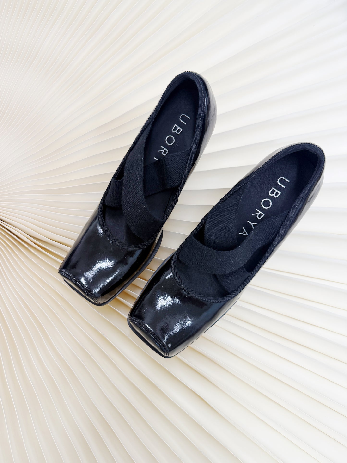 UBORYA Black Patent Square-Toe Wedge Pumps with Elastic Crisscross Straps – Architectural Heels for Women | Minimalist Avant-Garde Footwear | Sleek Power Wedges